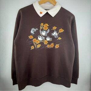 Vintage Orvis Collared Sweatshirt Flying Birds Women Small Brown Leaf Embroidery